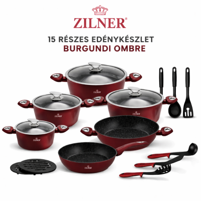 Zilner Kerámia Bevonatos Edénykészlet Üveg Fedővel – 15 Részes Burgundi Ombre