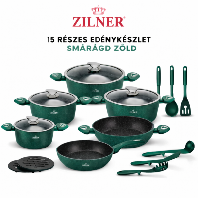 Zilner Kerámia Bevonatos Edénykészlet Üveg Fedővel – 15 Részes Smaragd Zöld