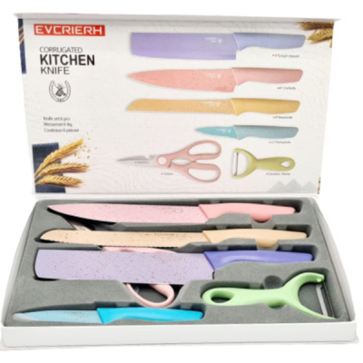6 részes színes konyhai kés szett hámozóval és ollóval