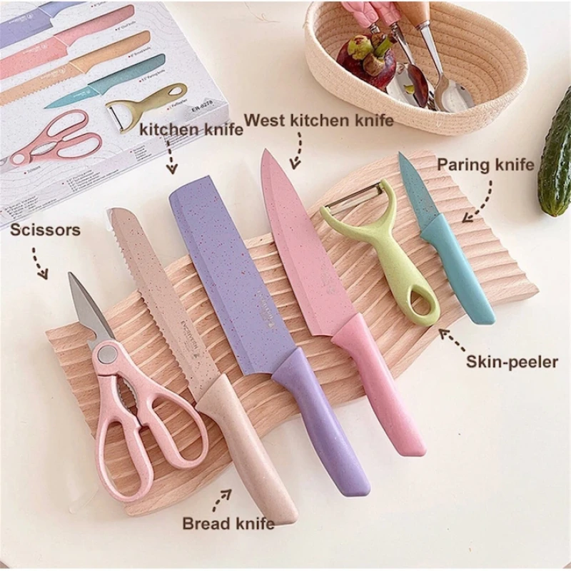 6 részes színes konyhai kés szett hámozóval és ollóval