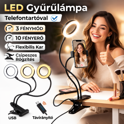 Professional Live Stream S9 LED körlámpa telefontartóval (csíptetős)