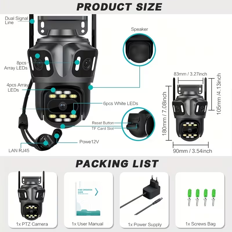 360° WiFi Kültéri PTZ Biztonsági Kamera – AI Mozgásérzékelés, 30m Éjszakai Látás, Hang- és Fényriasztás