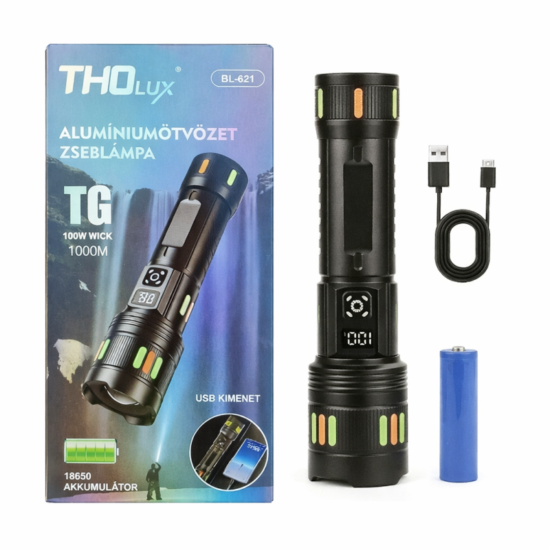 ThoLux TG100 (BL-621) akkumulátoros, fókuszálható LED zseblámpa – USB-C töltéssel és digitális kijelzővel
