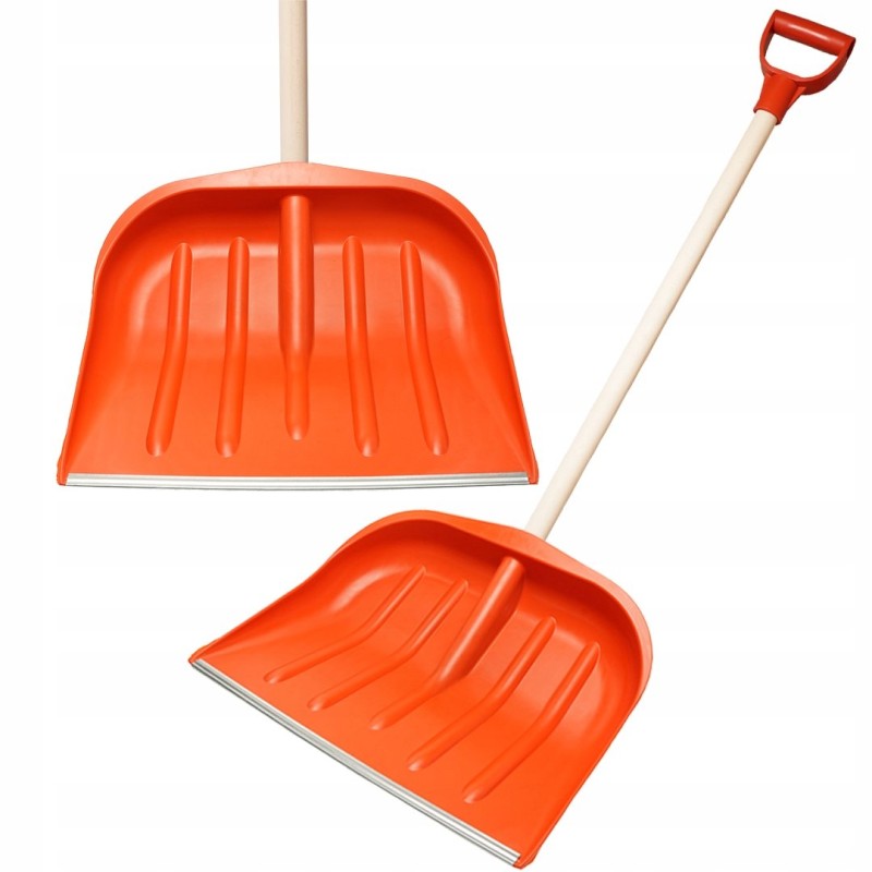 Narancssárga hólapát fém éllel és fa nyéllel – nagy méretű hóeltakarításhoz
