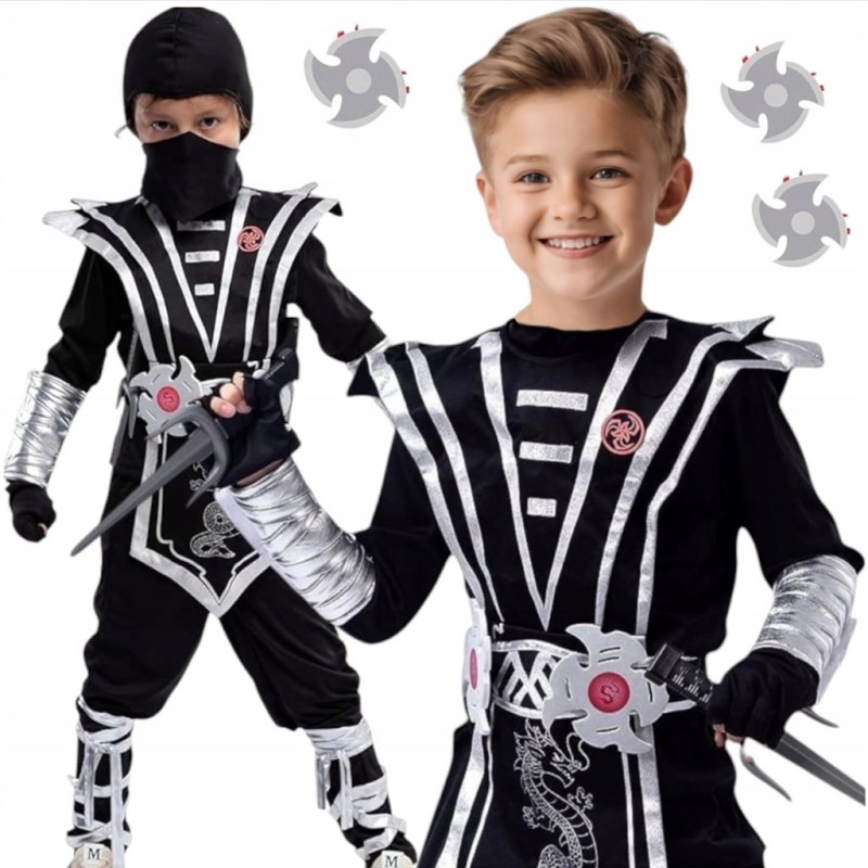 Ninja harcos jelmez fiúknak – fekete-ezüst szett fegyverekkel