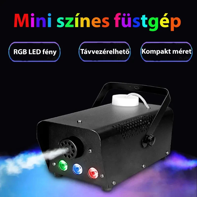 Ködkészítő gép, füstgép RGB LED fényekkel, távirányítóval, 600 W teljesítménnyel, fekete