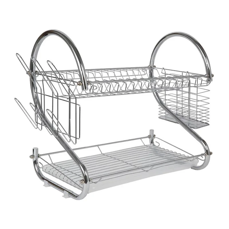 Fém edényszárító műanyag csepegtető tálcával – 2 szintes, ezüst