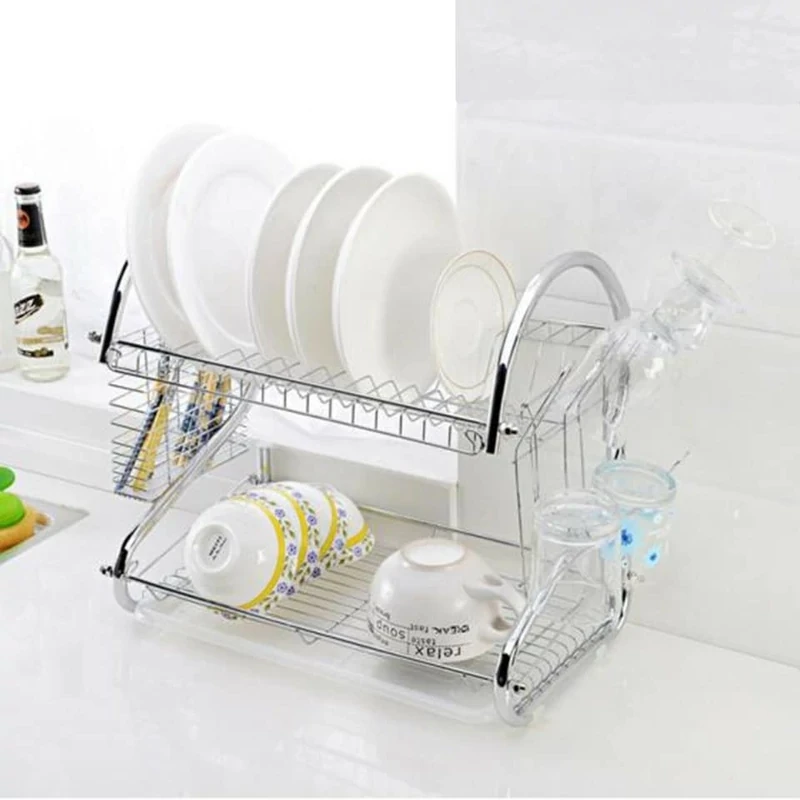 Fém edényszárító műanyag csepegtető tálcával – 2 szintes, ezüst