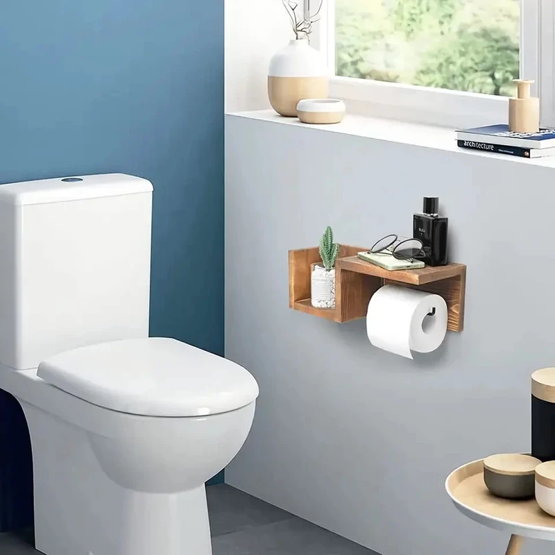 Elite Home® falra szerelhető fa WC-papír tartó polccal