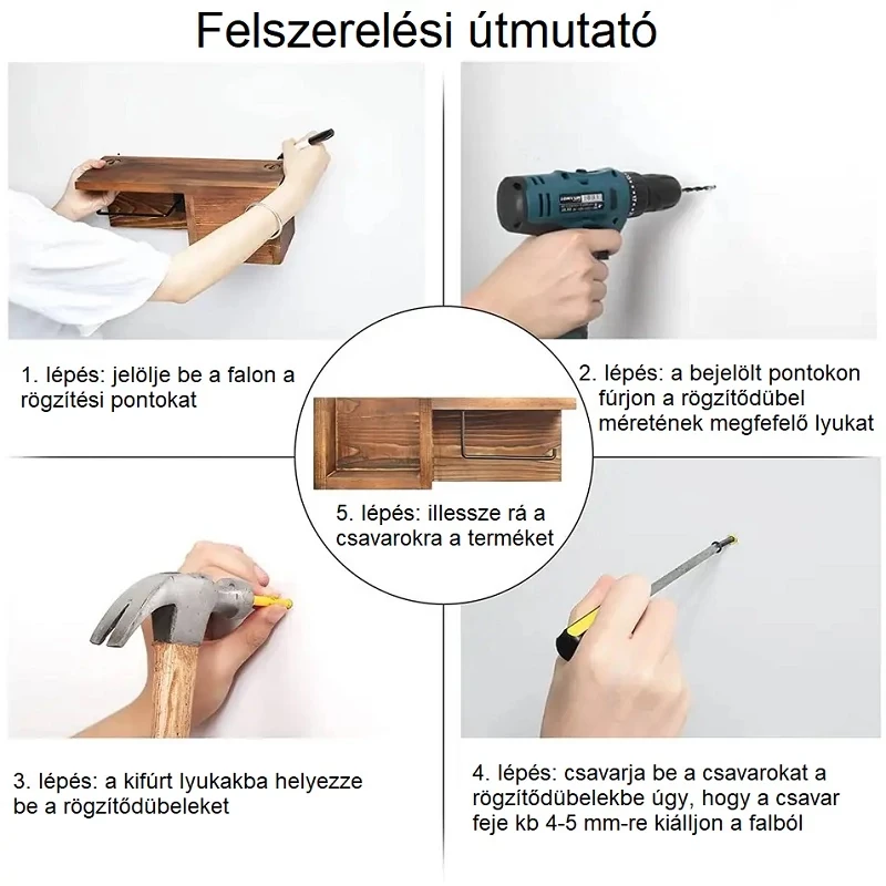 Elite Home® falra szerelhető fa WC-papír tartó polccal