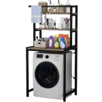 3 szintes masszív fém fürdőszobai polcrendszer mosógép fölé fa polcokkal, fekete – 175 cm