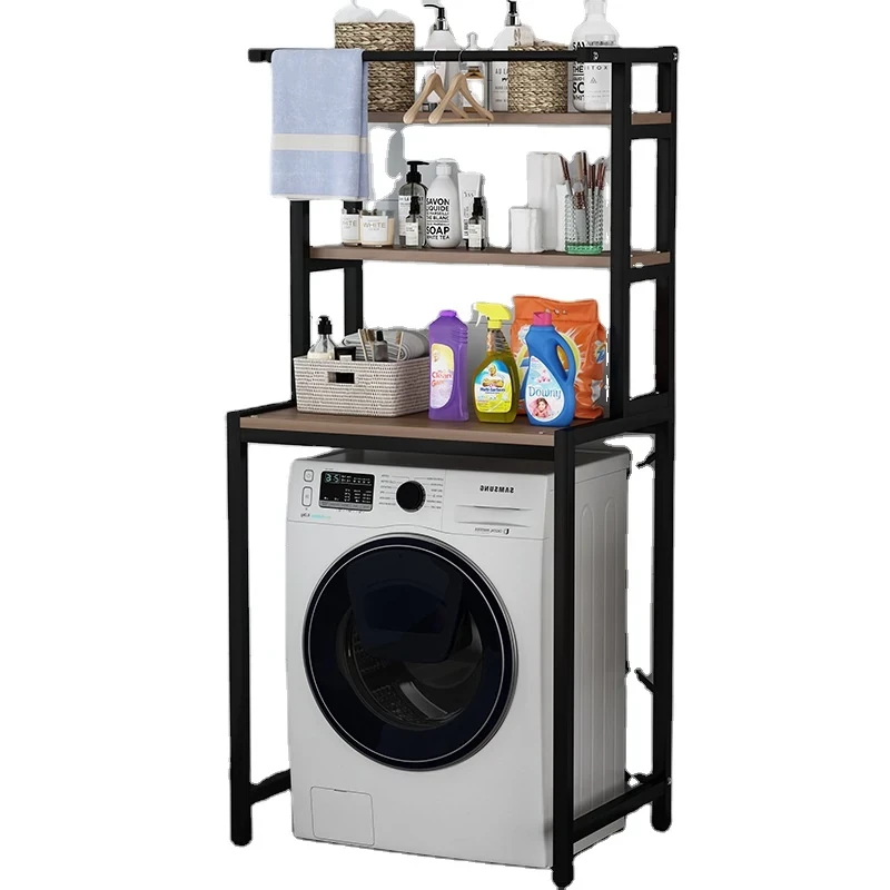 3 szintes masszív fém fürdőszobai polcrendszer mosógép fölé fa polcokkal, fekete – 175 cm