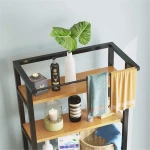 3 szintes masszív fém fürdőszobai polcrendszer mosógép fölé fa polcokkal, fekete – 175 cm