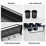 Falra szerelhető fém konyhai polc praktikus késtartóval, rendszerezővel, 10 db akasztóval (71 cm)