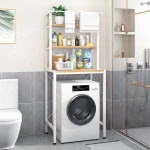 3 szintes masszív fém fürdőszobai polcrendszer mosógép fölé fa polcokkal, fehér – 175 cm