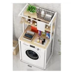 3 szintes masszív fém fürdőszobai polcrendszer mosógép fölé fa polcokkal, fehér – 175 cm