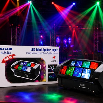 Spider LED Moving Head RGBW – 8×3W DMX512 Zenevezérelt LED Színpadi Fény HAYAMI KL25-120