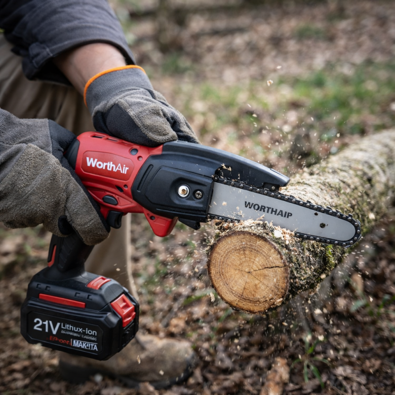 WORTHAIR KE24-286 Akkus Kézi Mini Láncfűrész 8″ – 128V, 2 Akkumulátorral, Hordtáskával