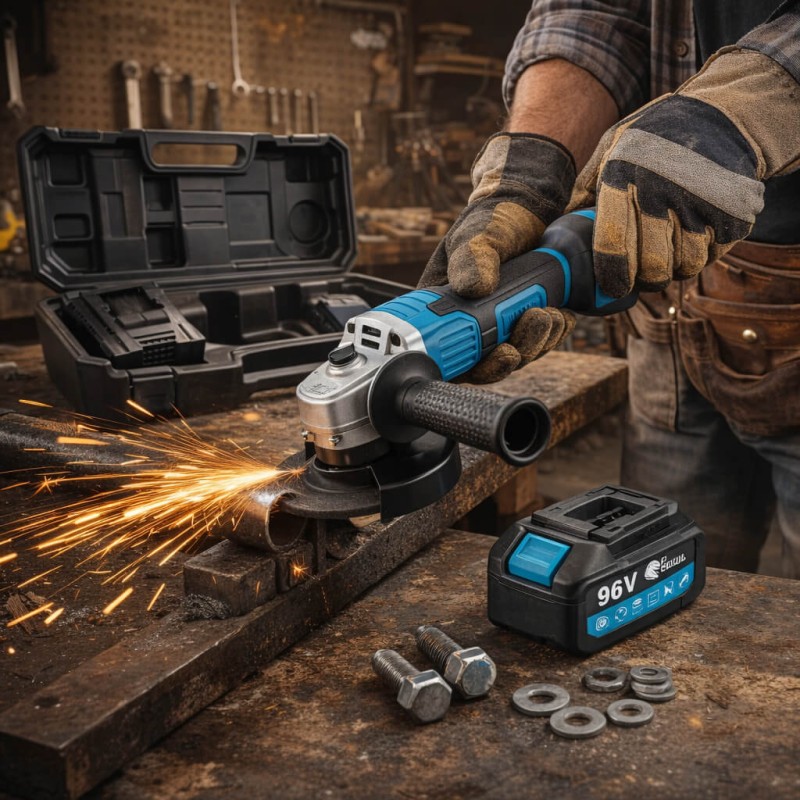 Rextool dupla akkumulátoros sarokcsiszoló – 96V, komplett szett hordtáskában