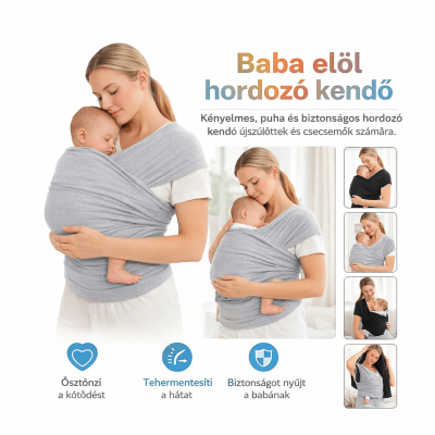 Ergonomikus babahordozó kendő – elöl hordozható