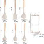 7 részes Szilikon konyhai edény eszköz fa fogantyúval, fém állvánnyal XL méret