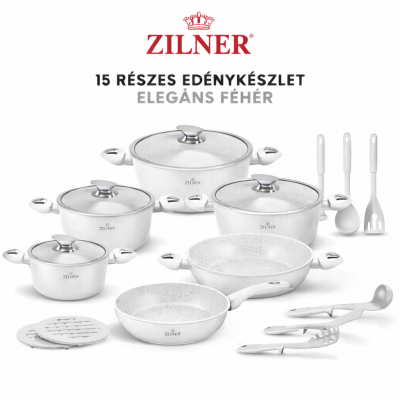 Zilner Kerámia Bevonatos Edénykészlet Üveg Fedővel – 15 Részes Elegáns Fehér
