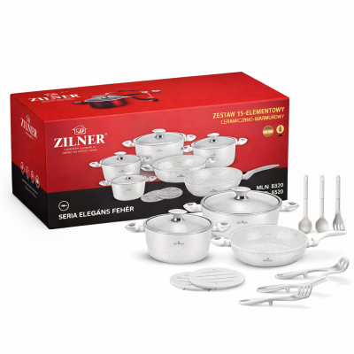 Zilner Kerámia Bevonatos Edénykészlet Üveg Fedővel – 15 Részes Elegáns Fehér