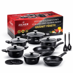Zilner Kerámia Bevonatos Edénykészlet Üveg Fedővel – 15 Részes Gránit Fekete