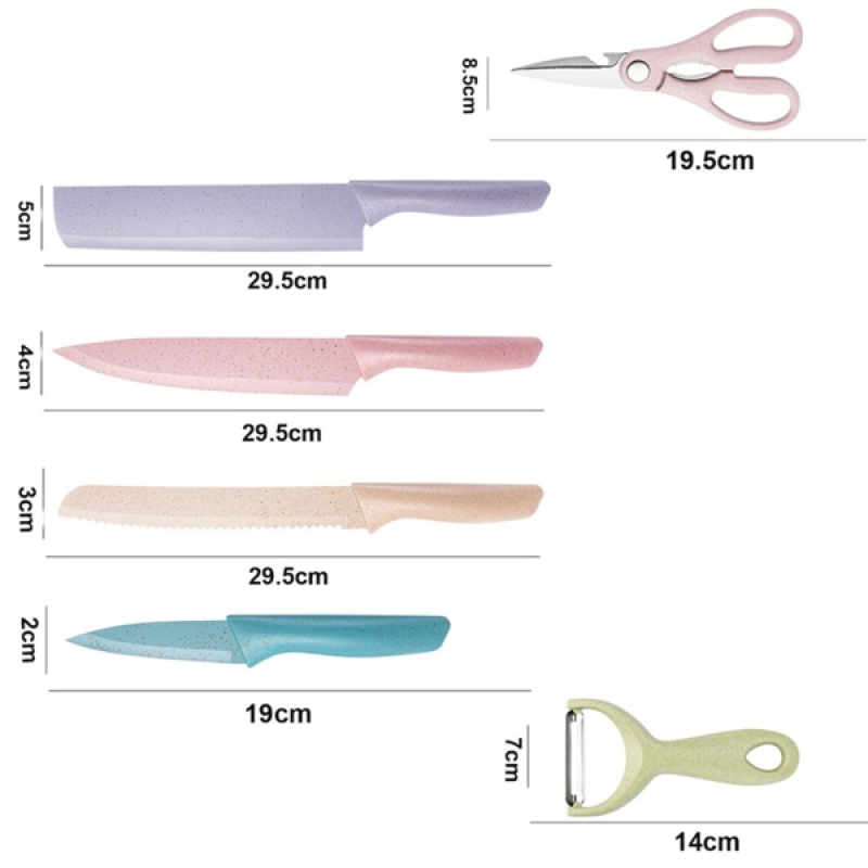 6 részes színes konyhai kés szett hámozóval és ollóval