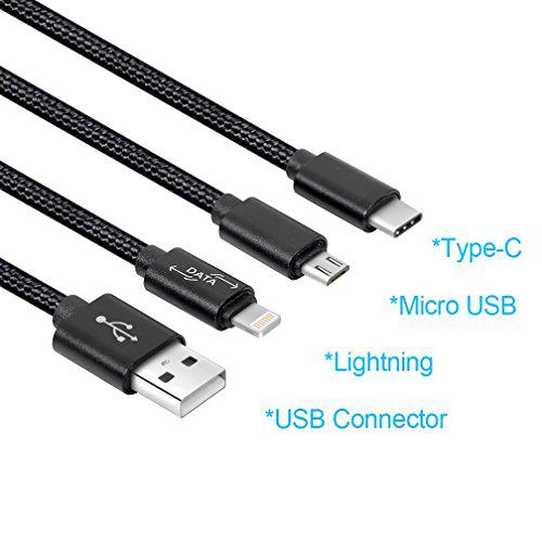 Multi USB kábel  (1 M) 3 in 1 USB töltőkábel 8 Pin Lightning, USB C, Micro USB töltő csatlakozó az Android és iPhone okostelefonok, iPad tabletta - Nylon Fonott (fekete)