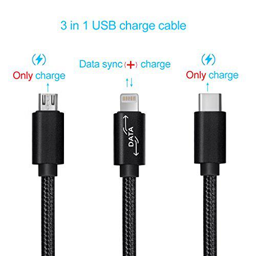 Multi USB kábel  (1 M) 3 in 1 USB töltőkábel 8 Pin Lightning, USB C, Micro USB töltő csatlakozó az Android és iPhone okostelefonok, iPad tabletta - Nylon Fonott (fekete)