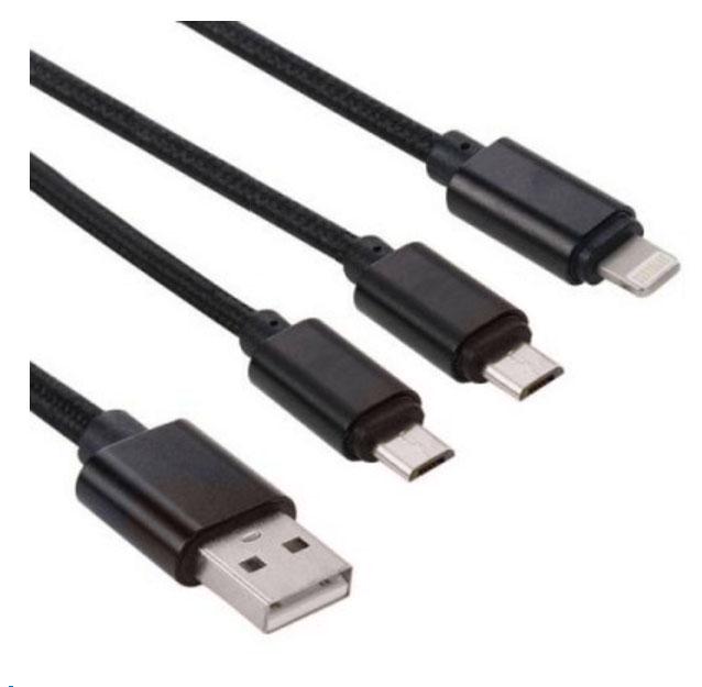3 az 1-ben USB Adat / töltő kábel ( 1 X 8 Pin, iPhone, 2 X micro ) Szövet bevonattal, 120 cm