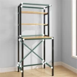 3 szintes masszív fém fürdőszobai polcrendszer mosógép fölé fa polcokkal, fekete – 175 cm