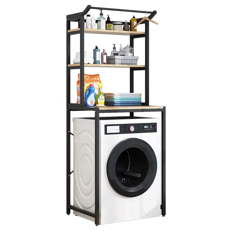 3 szintes masszív fém fürdőszobai polcrendszer mosógép fölé fa polcokkal, fekete – 175 cm