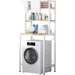 3 szintes masszív fém fürdőszobai polcrendszer mosógép fölé fa polcokkal, fehér – 175 cm