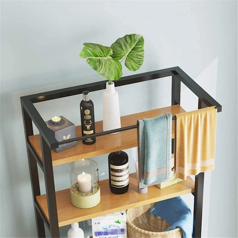 3 szintes masszív fém fürdőszobai polcrendszer mosógép fölé fa polcokkal, fehér – 175 cm