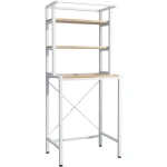 3 szintes masszív fém fürdőszobai polcrendszer mosógép fölé fa polcokkal, fehér – 175 cm