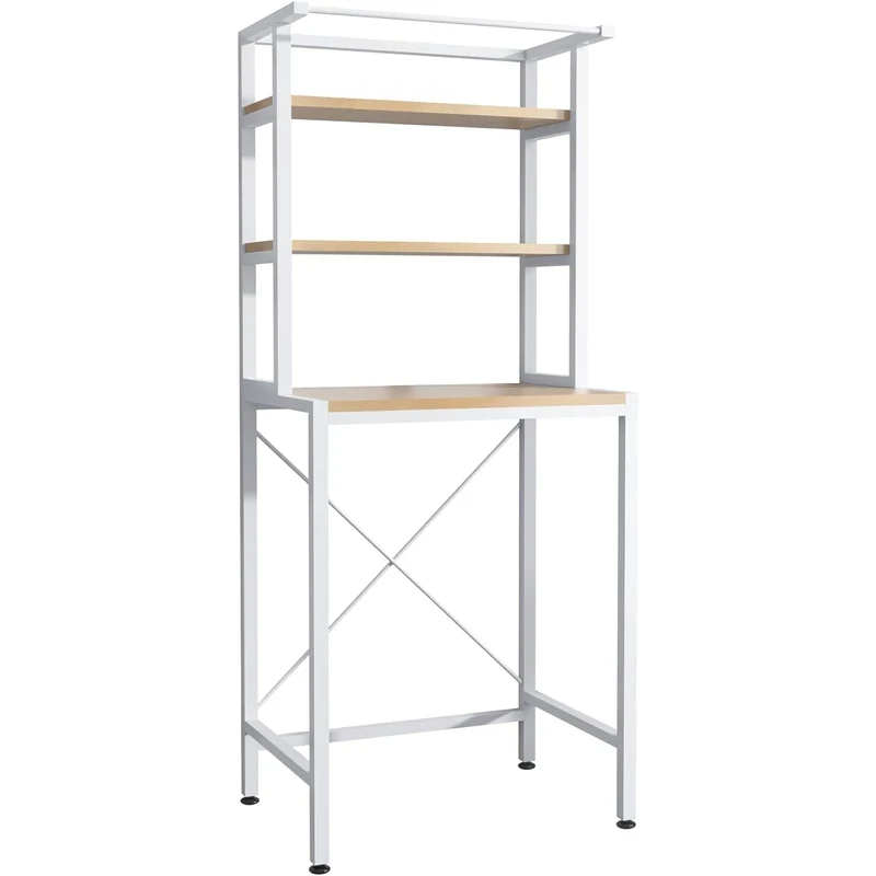 3 szintes masszív fém fürdőszobai polcrendszer mosógép fölé fa polcokkal, fehér – 175 cm