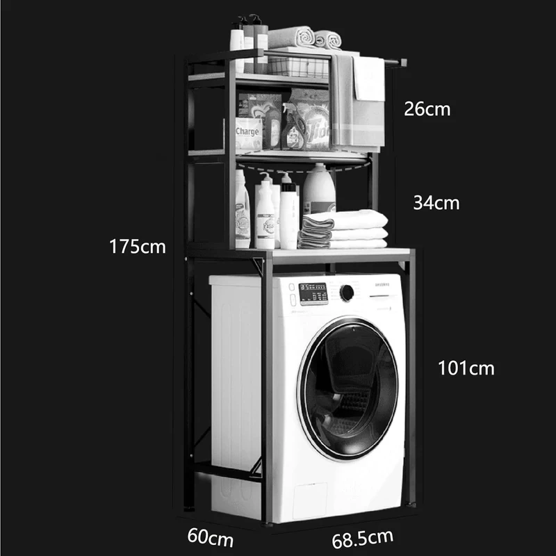 3 szintes masszív fém fürdőszobai polcrendszer mosógép fölé fa polcokkal, fehér – 175 cm