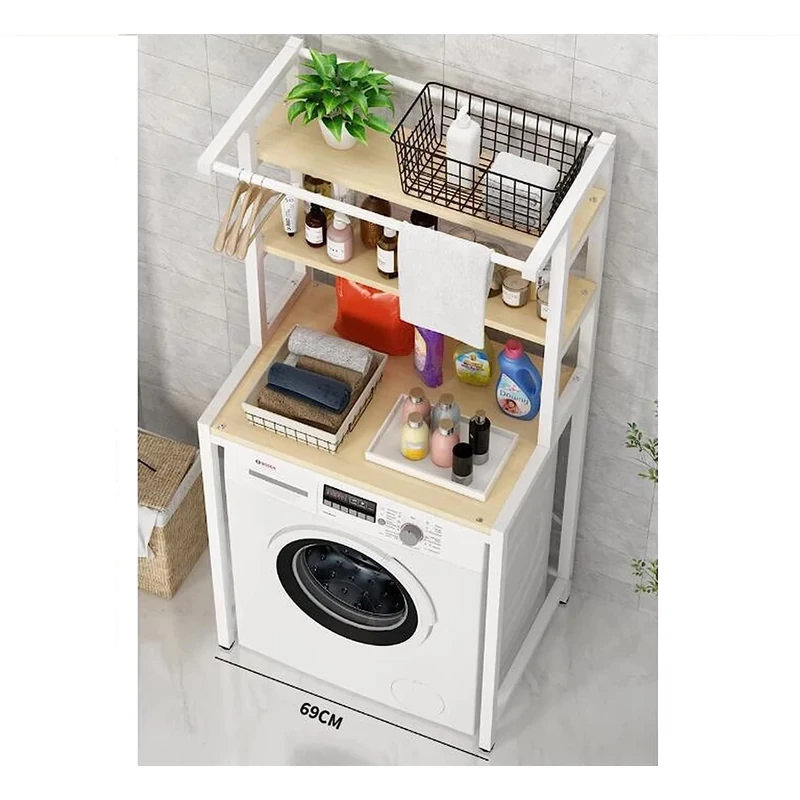 3 szintes masszív fém fürdőszobai polcrendszer mosógép fölé fa polcokkal, fehér – 175 cm