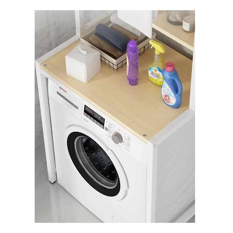 3 szintes masszív fém fürdőszobai polcrendszer mosógép fölé fa polcokkal, fehér – 175 cm