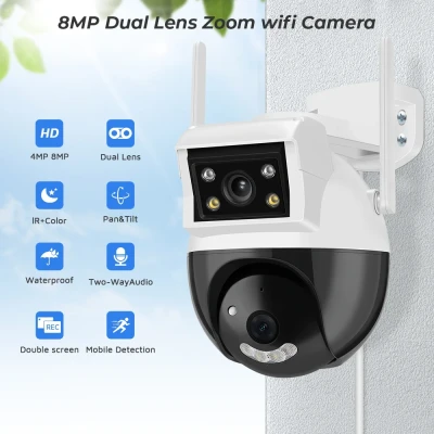 Wifi Ptz HD Kamera Biztonsági Smart kamera 8Mp kétlencsés  3,6 Mm+6 Mm IP Kültéri Megfigyelő H.265 kétirányú audio, vezeték nélküli