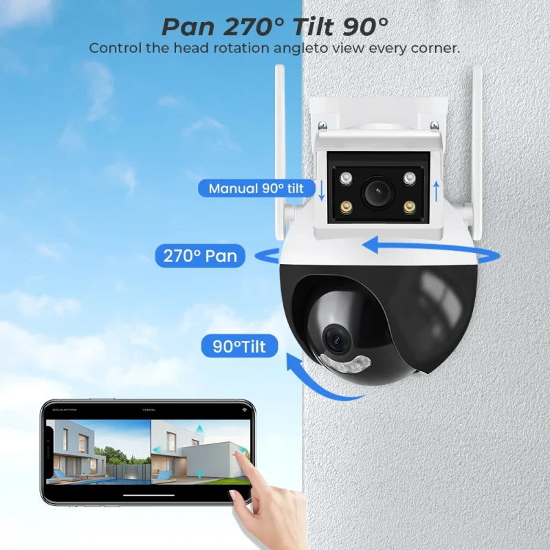 Wifi Ptz HD Kamera Biztonsági Smart kamera 8Mp kétlencsés  3,6 Mm+6 Mm IP Kültéri Megfigyelő H.265 kétirányú audio, vezeték nélküli