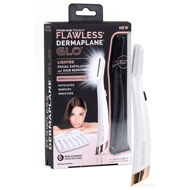 Flawless Dermaplane Gló arcszőr eltávolító LED világítással - fehér (6 cserélhető fejjel)
