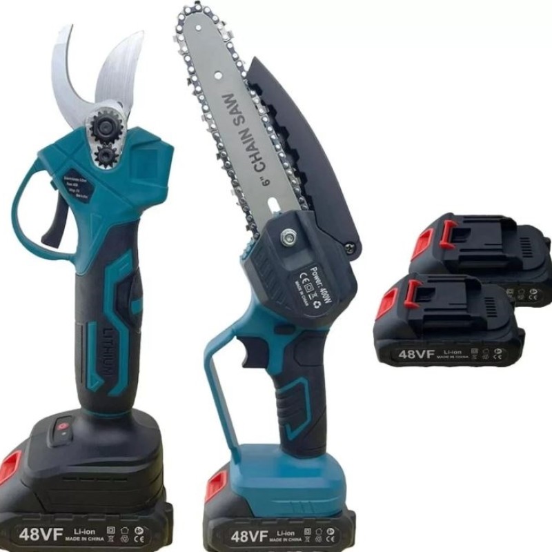 Dupla Akkus Automata Olajozású Mini 6" Ágvágó Láncfűrész És Elektromos Metszőolló HA-1004