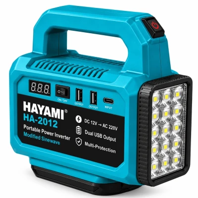 Hayami HA-2012 hordozható akkumulátoros inverter LED-lámpával – 500 W, 12 V, kék