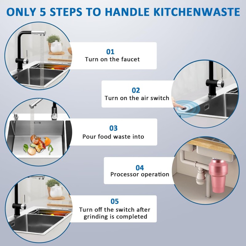 Hulladékkezelő konyhai csatorna Élelmiszerhulladék-eltávolító Aprító Rozsdamentes acél Teljesen automatikus háztartási mosogató lefolyócső Rendszer