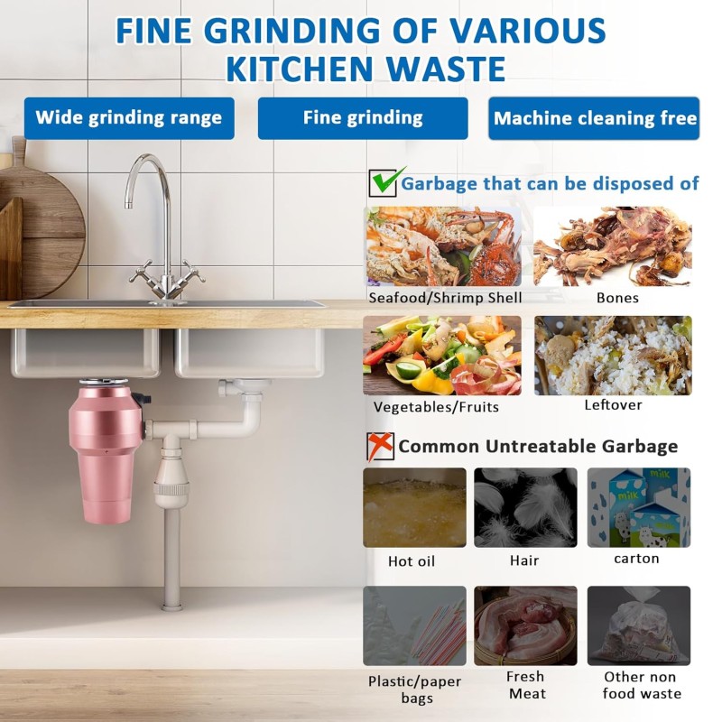 Hulladékkezelő konyhai csatorna Élelmiszerhulladék-eltávolító Aprító Rozsdamentes acél Teljesen automatikus háztartási mosogató lefolyócső Rendszer