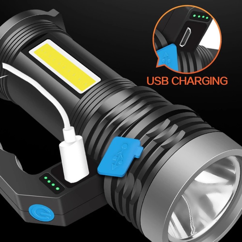 Zseblámpa  USB újratölthető led kézi lámpa 3w + 10 + Cob 3000 lumen