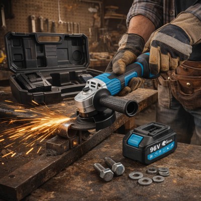 Rextool dupla akkumulátoros sarokcsiszoló – 96V, komplett szett hordtáskában